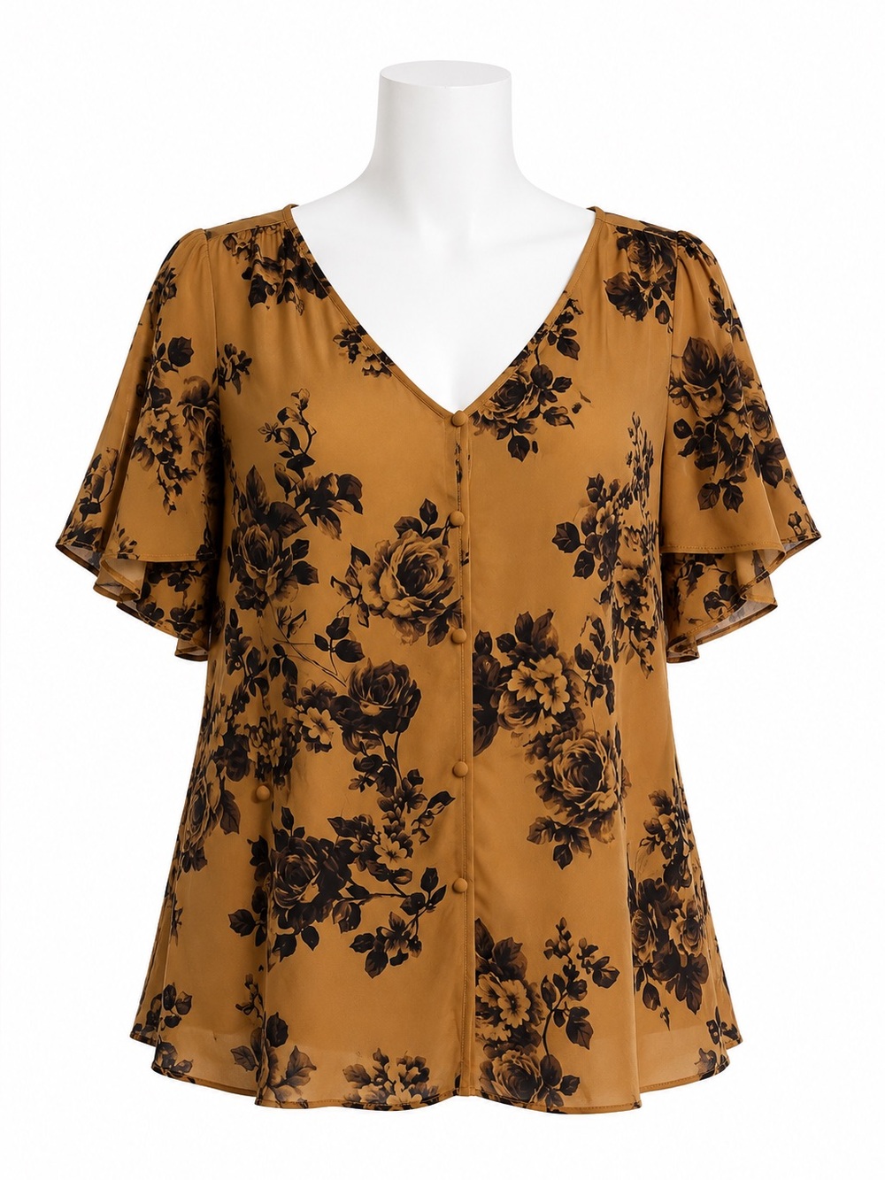 Size 3X Torrid Floral Satin Charmeuse Button Midi Blouse Marigold Black